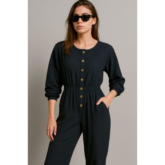Saks Fifth Avenue Black Gold Button Jumpsuit Size Medium - Picture 1 of 8